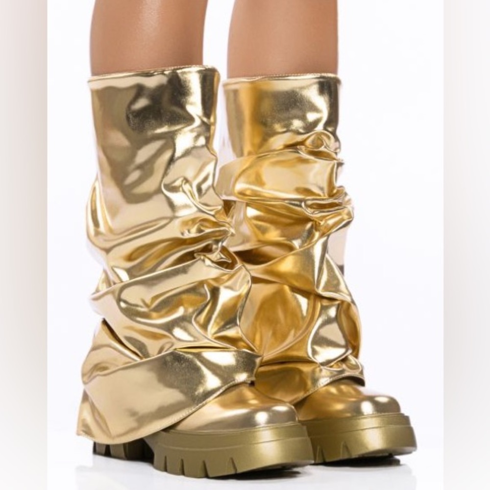 Azalea Wang Gold Metallic Vegan Leather Slouchy Knee High Boots